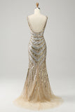 Mermaid Deep V Neck Golden Long Prom Dress with Silt