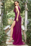 Dark Purple Sequins One Shoulder Prom Dress with Split