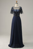 Navy Appliques Sequin Mother of Bride Dress