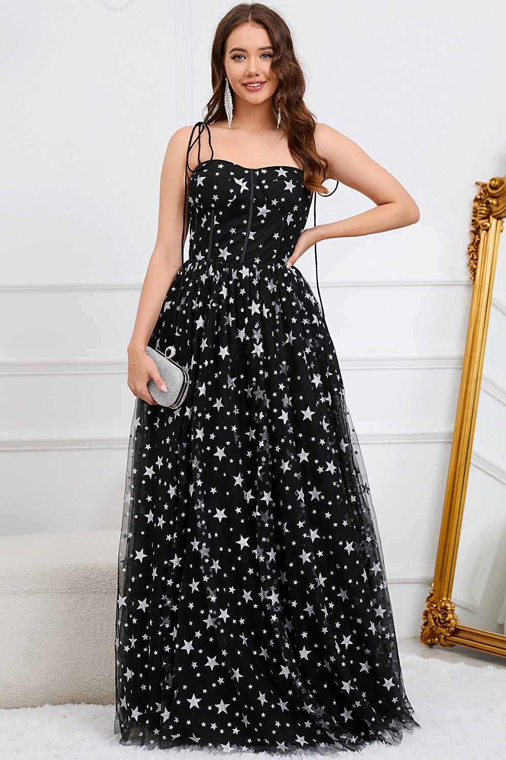 Tulle A-Line Spaghetti Straps Black Long Prom Dress with Stars