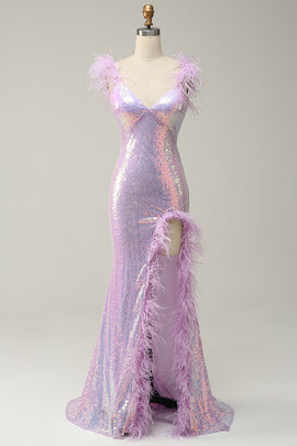 Sequins V-Neck Purple Prom Dress With Feathers