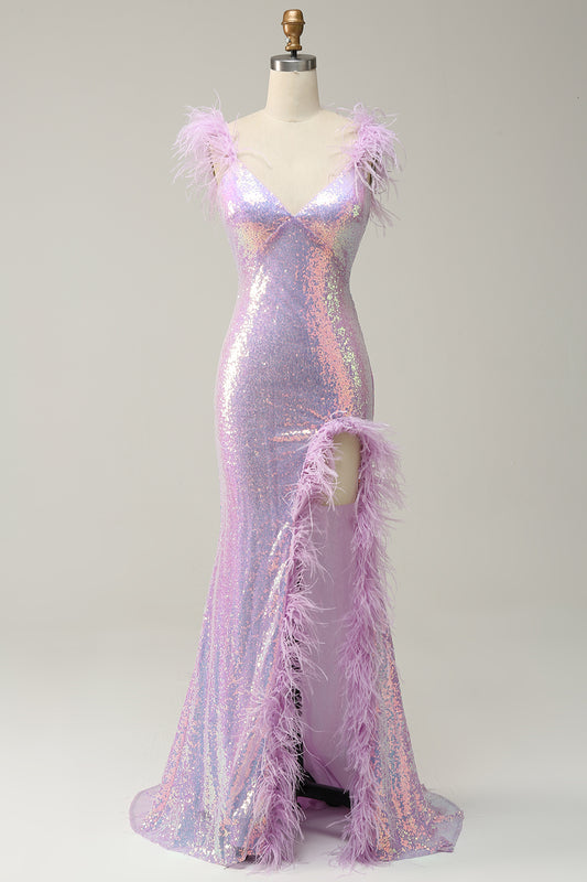 Sequins V-Neck Purple Prom Dress With Feathers