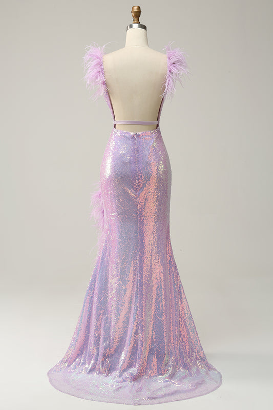 Sequins V-Neck Purple Prom Dress With Feathers