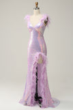 Sequins V-Neck Purple Prom Dress With Feathers