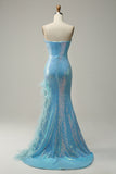 Blue Strapless Feather Prom Dress with Slit