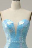 Blue Strapless Feather Prom Dress with Slit