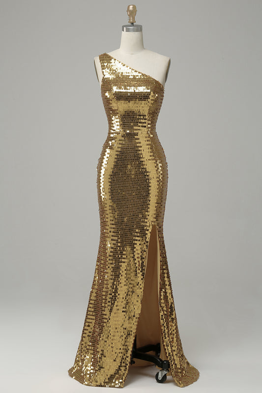 Sparkly Golden Sequins One Shoulder Long Prom Dress with Slit Mermaid Gala Dress
