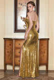 Golden Sequins One Shoulder Long Sparkly Prom Dress with Slit