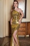 Golden Sequins One Shoulder Long Sparkly Prom Dress with Slit