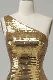 One Shoulder Gold Sequin Prom Dress with Slit