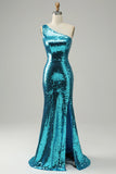 Sparkly Blue Sequins One Shoulder Long Prom Dress with Slit Mermaid Gala Dress