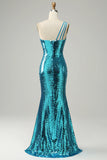Golden Sequins One Shoulder Long Sparkly Prom Dress with Slit