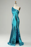 Golden Sequins One Shoulder Long Sparkly Prom Dress with Slit