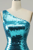Golden Sequins One Shoulder Long Sparkly Prom Dress with Slit