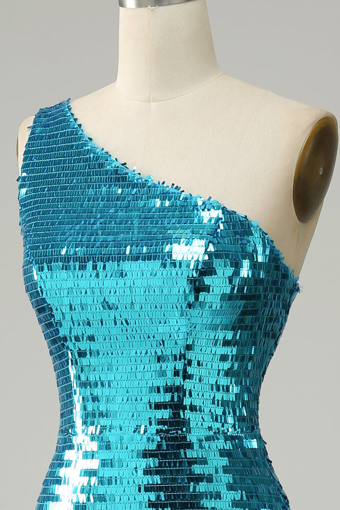 Sparkly Gold Sequin Shoulder Pad High Slit Prom Gown