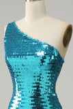 Golden Sequins One Shoulder Long Sparkly Prom Dress with Slit