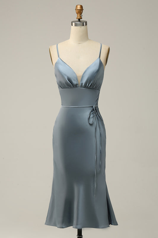 Sheath Spaghetti Straps Grey Blue Satin Bridesmaid Dress