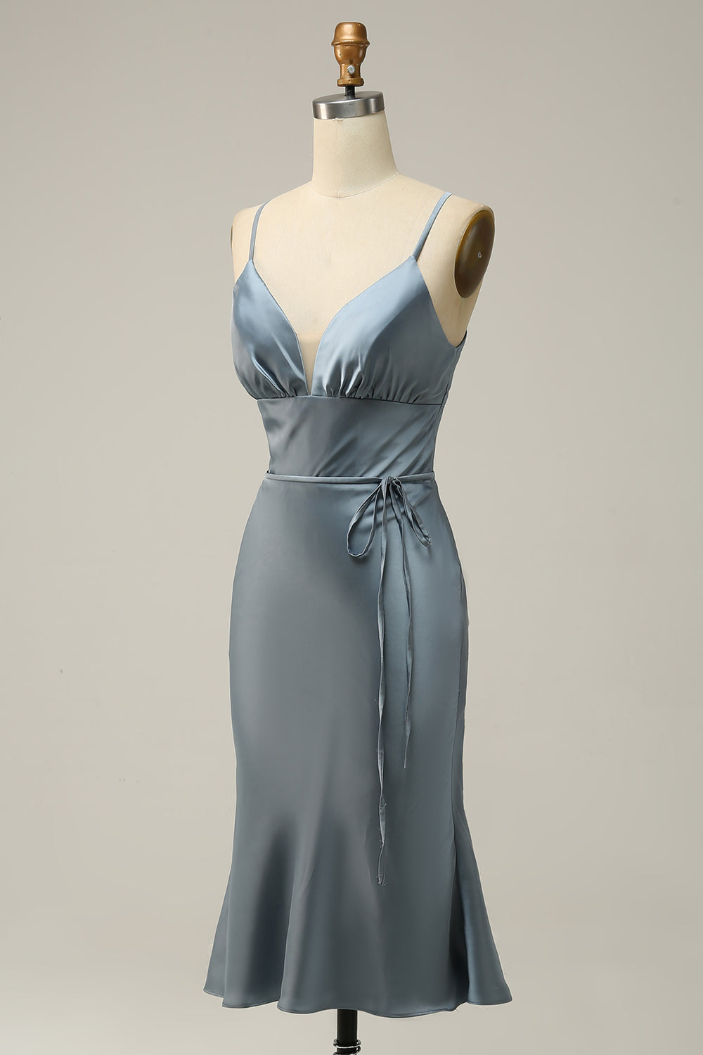 Spaghetti Straps Satin Grey Blue Prom Dress