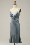 Spaghetti Straps Satin Grey Blue Prom Dress