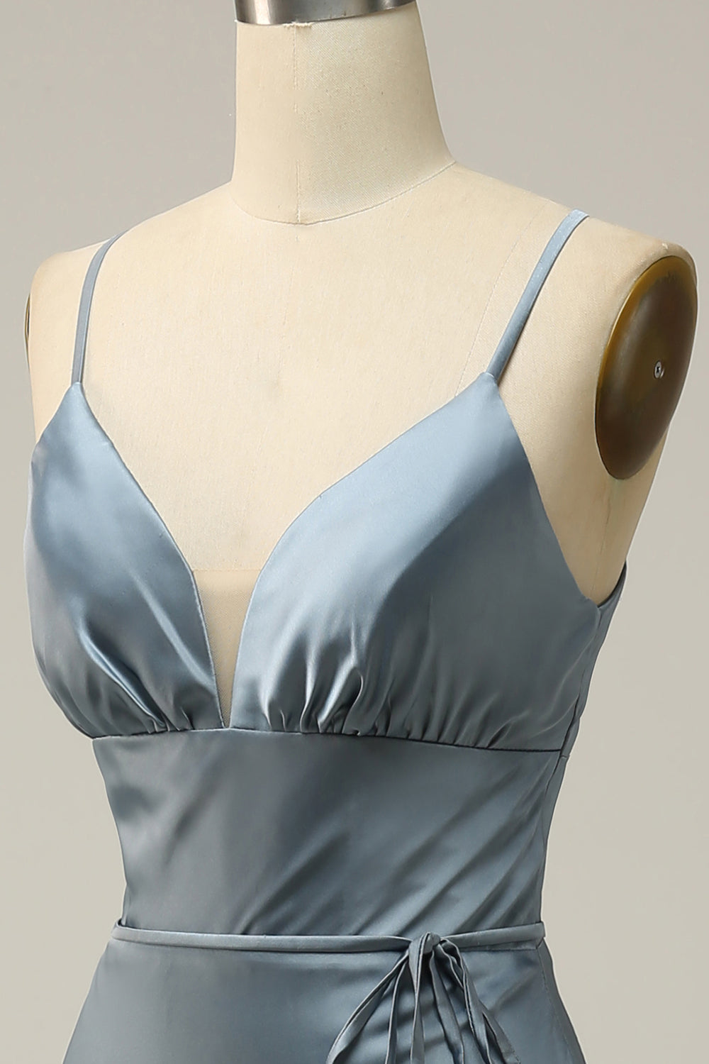 Spaghetti Straps Satin Grey Blue Prom Dress