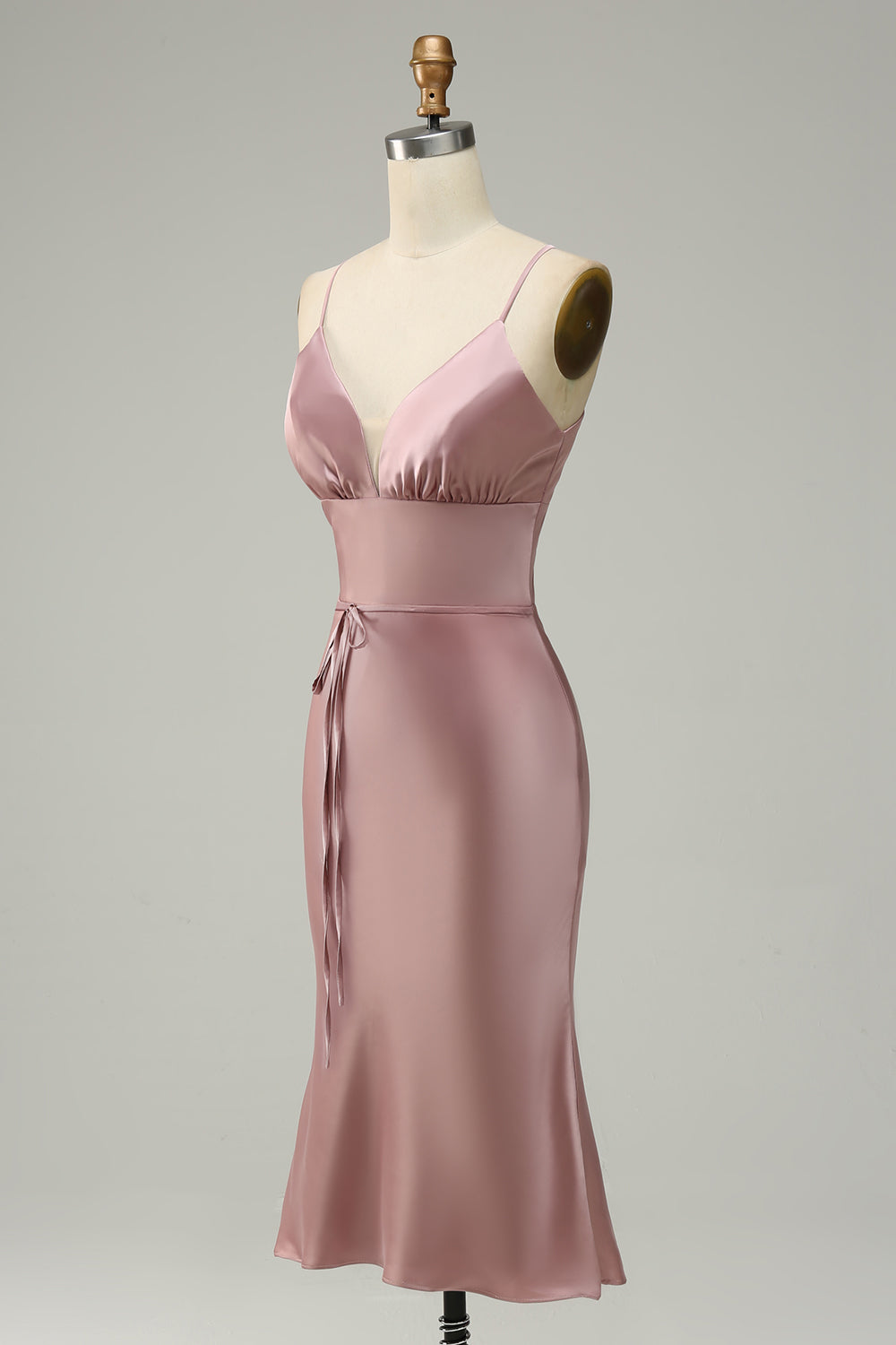 Spaghetti Straps Satin Grey Blue Prom Dress