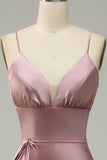 Spaghetti Straps Satin Grey Blue Prom Dress