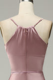 Spaghetti Straps Satin Grey Blue Prom Dress