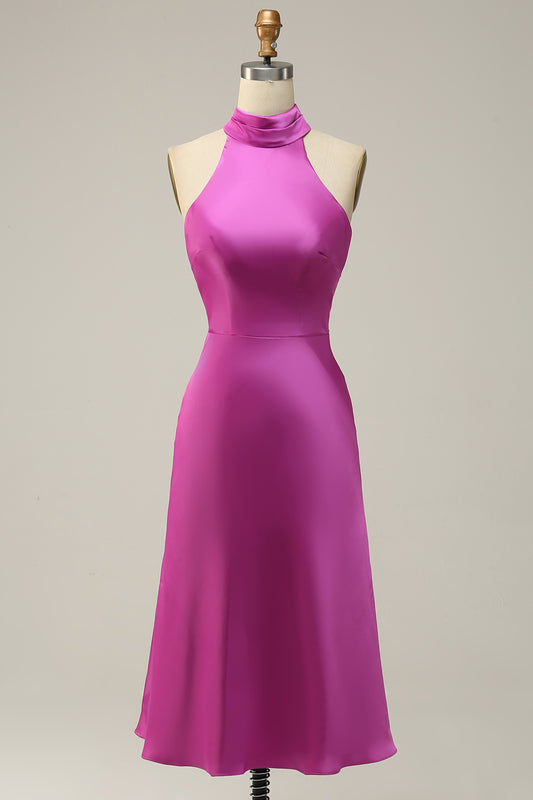 Sheath Halter Neck Fuchsia Satin Bridesmaid Dress