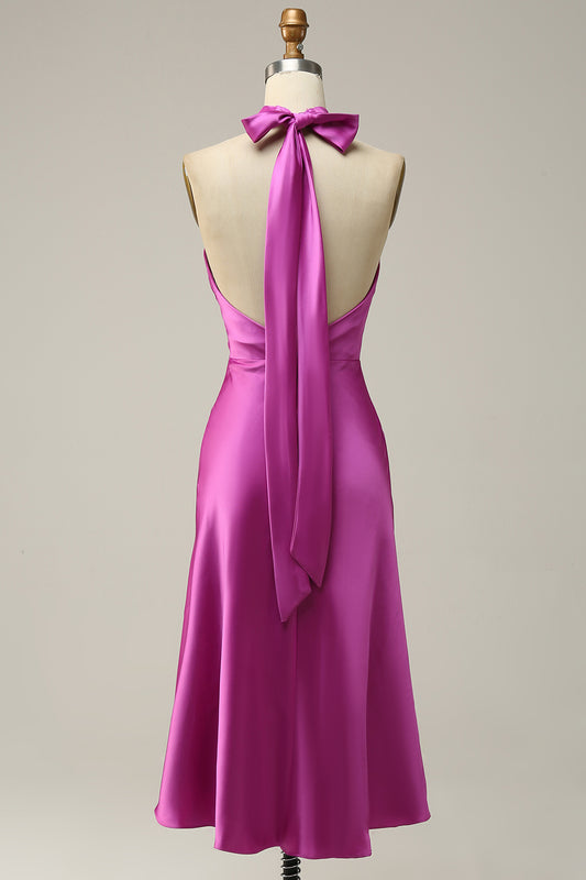 Sheath Halter Neck Fuchsia Satin Bridesmaid Dress