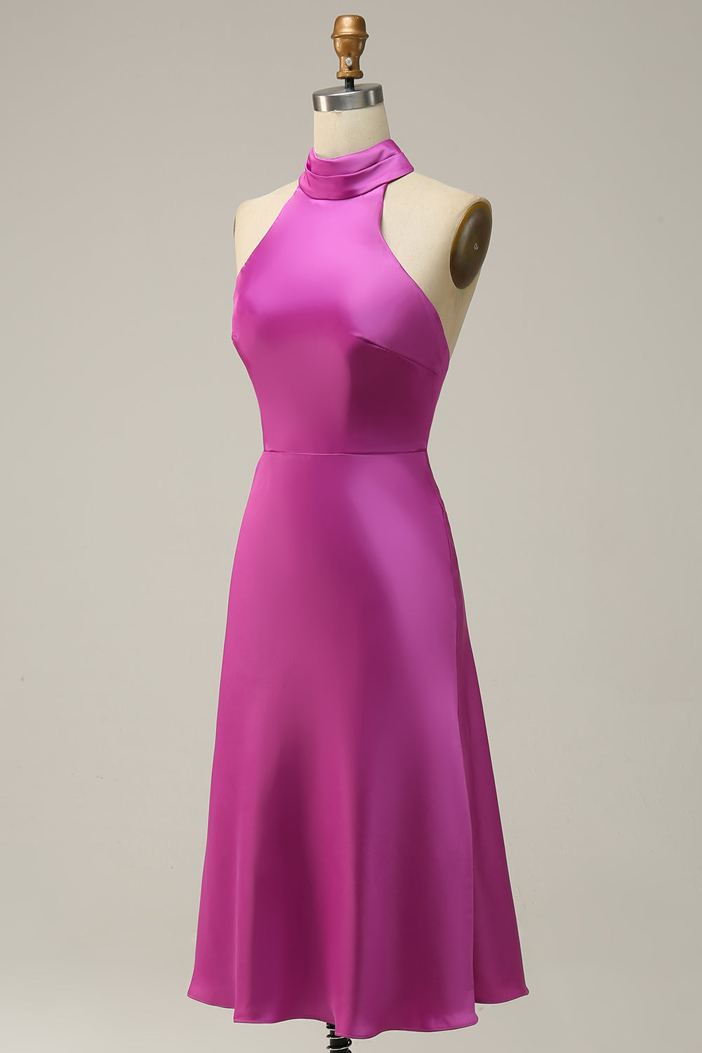 Sheath Halter Neck Fuchsia Satin Bridesmaid Dress