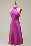 Sheath Halter Neck Fuchsia Satin Bridesmaid Dress