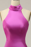 Sheath Halter Neck Fuchsia Satin Bridesmaid Dress