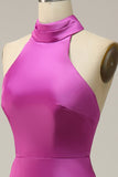 Sheath Halter Neck Fuchsia Satin Bridesmaid Dress