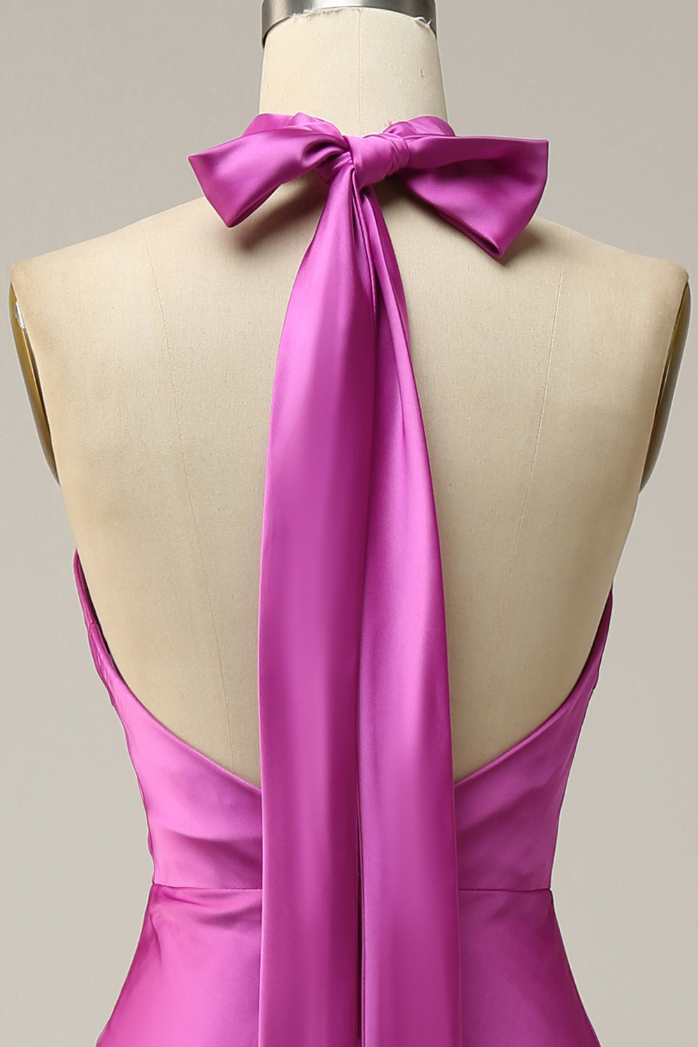 Sheath Halter Neck Fuchsia Satin Bridesmaid Dress
