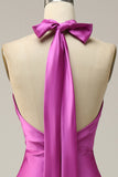 Sheath Halter Neck Fuchsia Satin Bridesmaid Dress