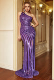 Sequins One Shoulder Purple Sheath Prom Dress with Slit