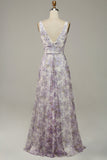 Iovry Purple Printed V-Neck Prom Dress With Slit