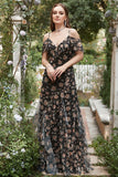 Black Chiffon Off Shoulder Prom Dress with Floral