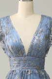 A Line Deep V Neck Grey Blue Plus Size Prom Dress with Embroidery