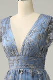 A Line Deep V Neck Grey Blue Plus Size Prom Dress with Embroidery