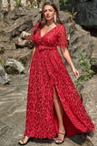 A Line V Neck Red Lace Plus Size Prom Dress with Split Front