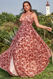 A Line V Neck Deep V Neck Rust Printed Plus Size Prom Dress with Split Front