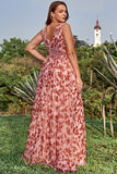 A Line V Neck Deep V Neck Rust Printed Plus Size Prom Dress with Split Front