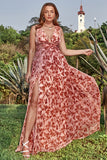 A Line V Neck Deep V Neck Rust Printed Plus Size Prom Dress with Split Front