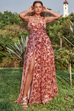 A Line V Neck Deep V Neck Rust Printed Plus Size Prom Dress with Split Front