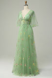 A-Line V-Neck Embroidery Green Short Sleeves Long Prom Dress