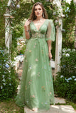 A-Line V-Neck Embroidery Green Long Prom Dress with Short Sleeves