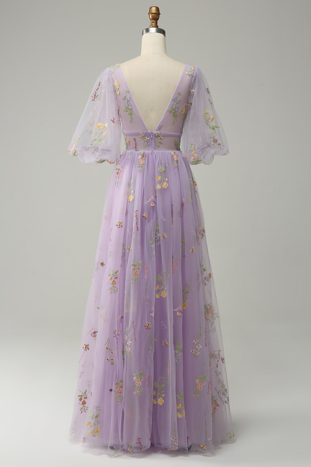 A-Line V-Neck Embroidery Lavender Short Sleeves Long Prom Dress
