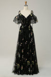 A-Line V-Neck Spaghetti Straps Embroidery Grey Blue Slit Prom Dress