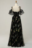 A-Line V-Neck Spaghetti Straps Embroidery Grey Blue Slit Prom Dress